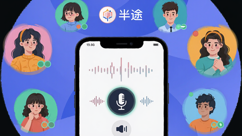 一幅展示半途语音互动功能的生图,主体是手机屏幕显示语音房间界面,有多个用户头像环绕,半途Logo位于顶部,布局为圆形环绕式,排版活泼,风格为现代扁平插画,细节包括声波图标、麦克风符号、用户状态光圈,画质明亮干净,无多余元素。