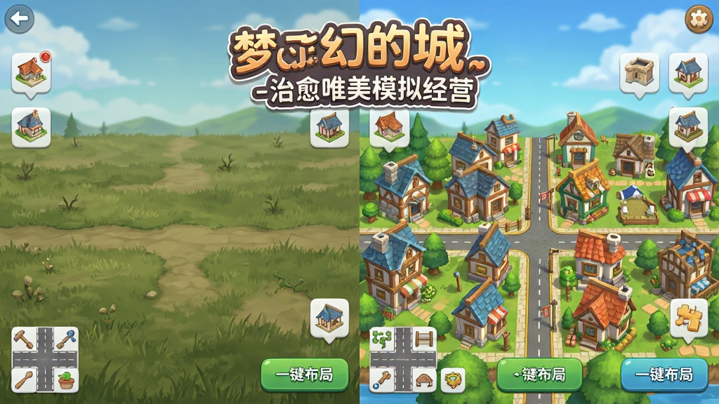 画面展示一个分屏对比的建造界面,左侧是初始的荒芜草地,右侧是经过精心规划的繁华城镇。布局采用左右对称的对比构图。风格为游戏UI界面截图风格,细节包括屏幕上悬浮的各种建筑图标、道路铺设工具以及“一键布局”的按钮。画面中要突出“梦幻的城-治愈唯美模拟经营”的游戏Logo,位于画面顶部中央。画质清晰,界面干净,无多余元素。