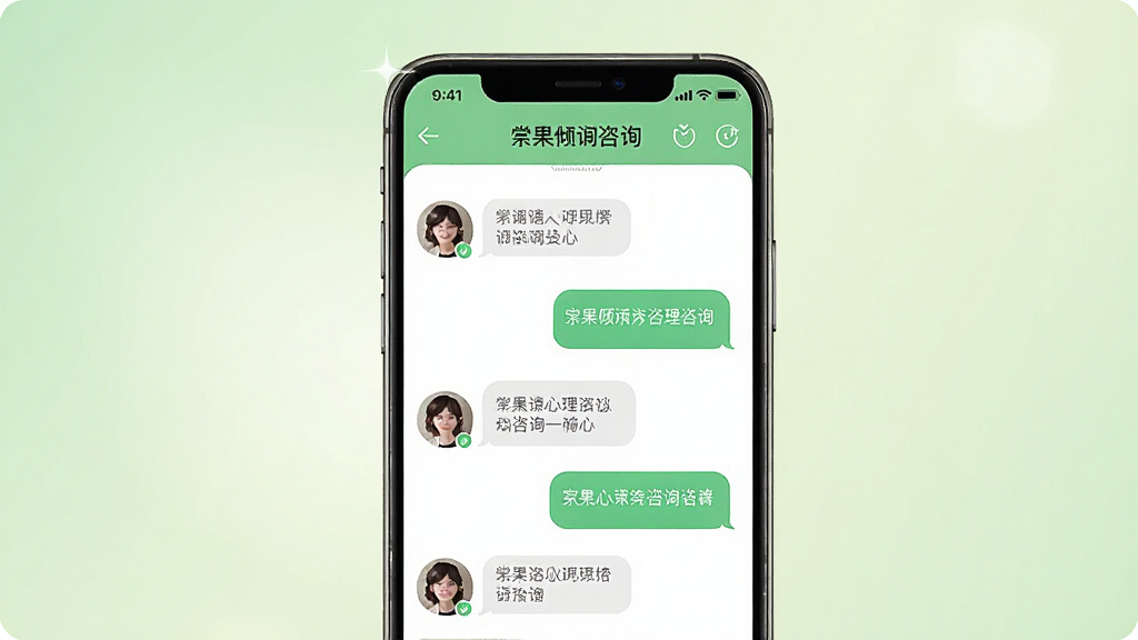 一张展示松果倾诉心理咨询手机应用界面的宣传图,主体为一部竖屏智能手机,屏幕内显示松果倾诉心理咨询APP的聊天咨询界面,包含心理咨询师头像列表与对话气泡,布局采用居中构图,背景为柔和浅绿色渐变,风格清新温暖,细节包含手机边缘高光、界面图标清晰可见,画质高清,干净,无多余元素。