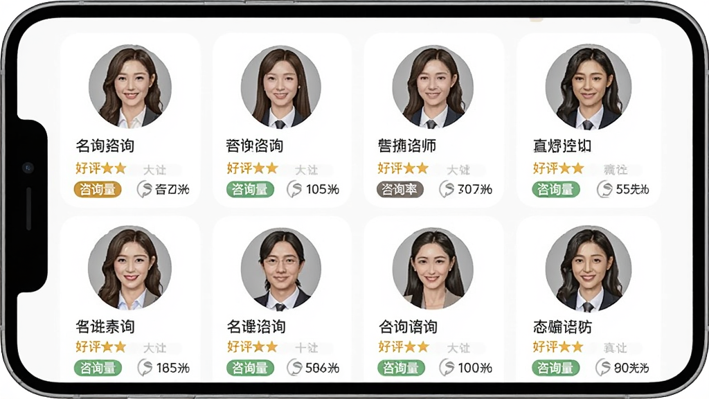 一张展示松果倾诉心理咨询APP咨询师列表页面的插图,主体为手机屏幕内显示多位心理咨询师头像与擅长标签,布局为网格排列,风格简约专业,细节包含每位咨询师的头像、姓名、好评率与咨询量数据,画质清晰,干净,无多余元素。