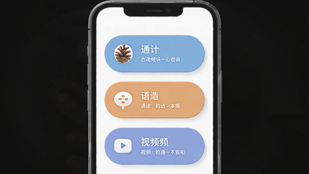 一张展示松果倾诉心理咨询APP沟通方式选择界面的插图,主体为手机屏幕内显示文字、语音、视频三个功能按钮,布局为纵向排列,风格柔和圆角,细节包含按钮图标与说明文字,画质高清,干净,无多余元素。
