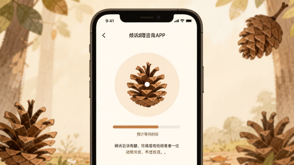 一张展示松果倾诉心理咨询APP即时倾诉匹配界面的插图,主体为手机屏幕内显示正在匹配倾听者的加载动画与预计等待时间,布局为居中显示,风格温暖治愈,细节包含进度条与安抚文案,画质清晰,干净,无多余元素。