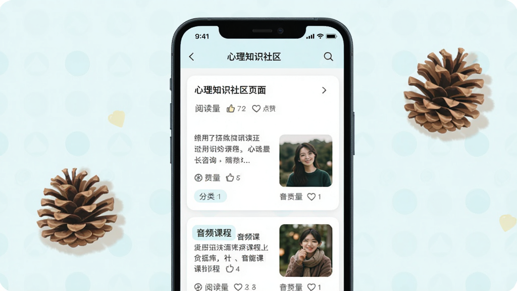 一张展示松果倾诉心理咨询APP心理知识社区页面的插图,主体为手机屏幕内显示文章列表与音频课程封面,布局为卡片式排列,风格清新浅色,细节包含阅读量、点赞数与分类标签,画质清晰,干净,无多余元素。