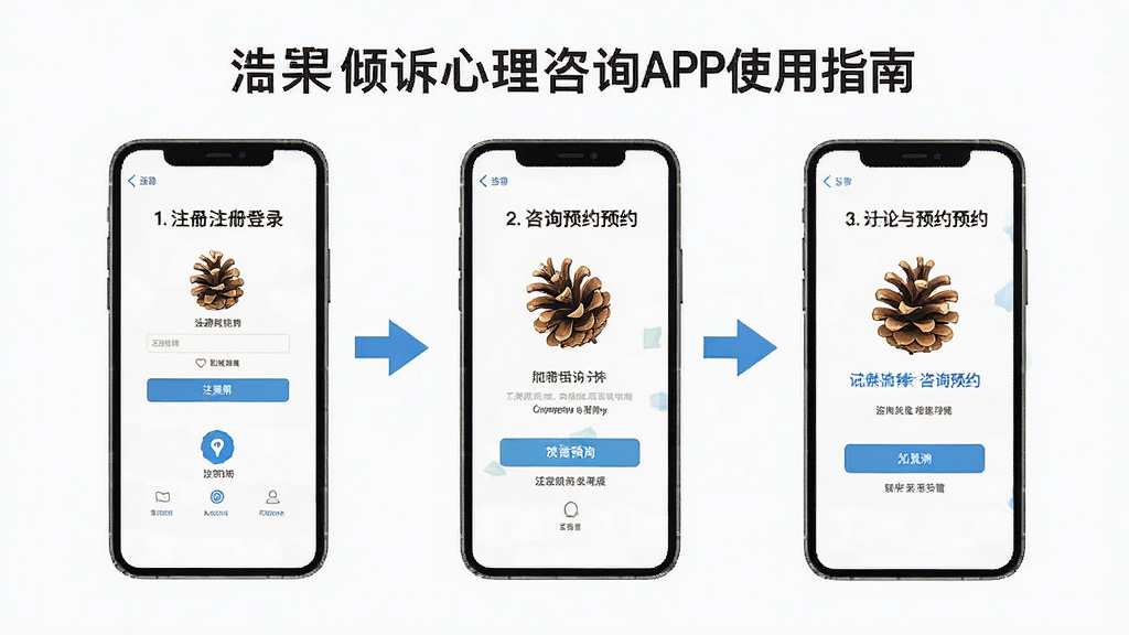 一张展示松果倾诉心理咨询APP使用指南的示意图,主体为手机屏幕内显示注册登录与咨询预约操作流程,布局为分步图解,风格简洁明了,细节包含箭头指引与功能标注,画质高清,干净,无多余元素。
