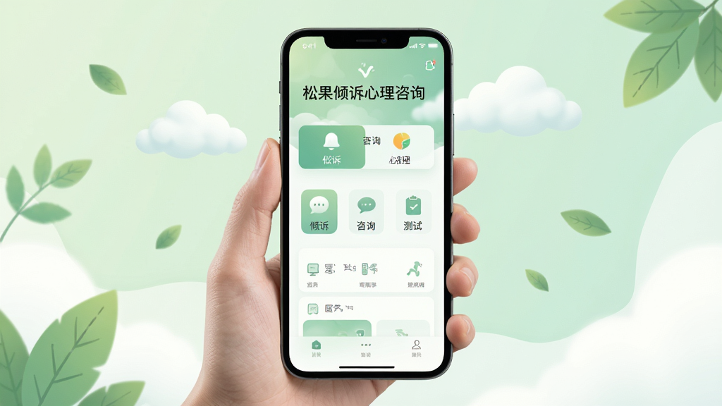 一张展示手机屏幕的图片,屏幕上显示松果倾诉心理咨询APP的首页界面,界面布局包含“倾诉”、“咨询”、“测试”等功能入口,背景是柔和的浅绿色与白色搭配,画面中央有一只手拿着手机,周围环绕着轻柔的云朵和树叶元素,风格清新治愈,细节清晰,画质高清,干净无多余元素,图片中显示文字“松果倾诉心理咨询”