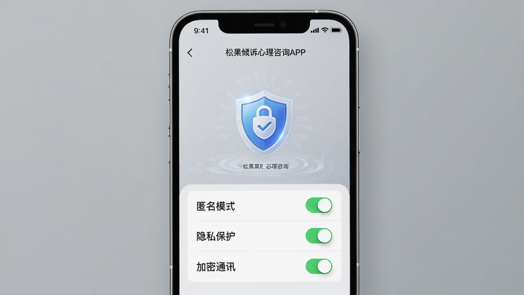 一张展示手机屏幕的图片,屏幕上显示松果倾诉心理咨询APP的隐私设置页面,界面中有“匿名模式”、“隐私保护”、“加密通讯”等选项开关,背景是简约的灰色调,画面中央有盾牌图标,风格科技感与安全感并存,画质高清,干净无多余元素