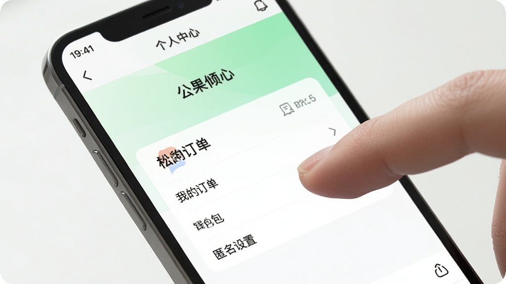 一张展示手机屏幕的图片,屏幕上显示松果倾诉心理咨询APP的“个人中心”页面,页面中有“我的订单”、“钱包”、“匿名设置”等选项,背景是白色与浅绿色渐变,画面中有手指点击屏幕的动作,风格简洁明快,画质高清,干净无多余元素