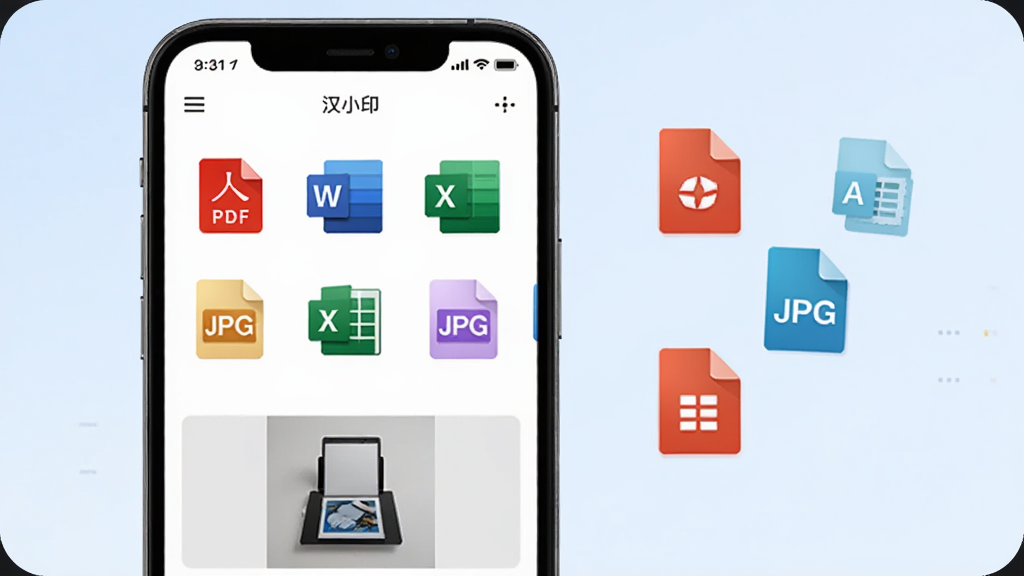 手机屏幕展示“汉小印”文件选择界面,界面中整齐排列PDF、Word、Excel、JPG等格式图标,下方有打印预览缩略图;手机右侧漂浮着几个代表不同文件格式的彩色小图标,背景为淡蓝色渐变;整体风格清新简洁,突出多格式兼容特性;画质高清,干净,无多余元素
