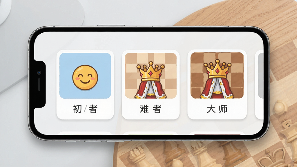 一张国际象棋(Chess)软件中AI对战难度选择界面的概念图,画面主体是手机屏幕,屏幕上整齐排列着多个难度等级的卡片图标,从带微笑的初学者图标到戴王冠的大师图标依次递进,背景是浅灰色与木色搭配,风格简洁明快,画质干净清晰,无多余装饰元素