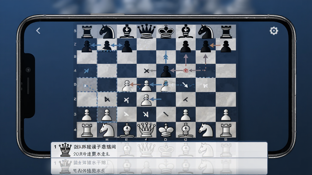 一张国际象棋(Chess)棋局复盘界面的概念图,画面中手机横屏显示棋盘,棋盘下方有走法记录列表,棋盘上以箭头标注关键走法,背景是柔和的深蓝色调,风格专业且现代,画质清晰干净,无多余干扰元素