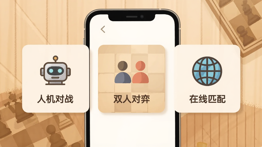 一张展示国际象棋(Chess)多种对弈模式选择界面的插画,画面中手机屏幕上有三个并排的模式卡片,分别标注人机对战、双人对弈和在线匹配,每个卡片配有对应的图标如机器人、两个人和地球,背景是温暖的米色与木色,风格统一简洁,画质清晰,无多余元素