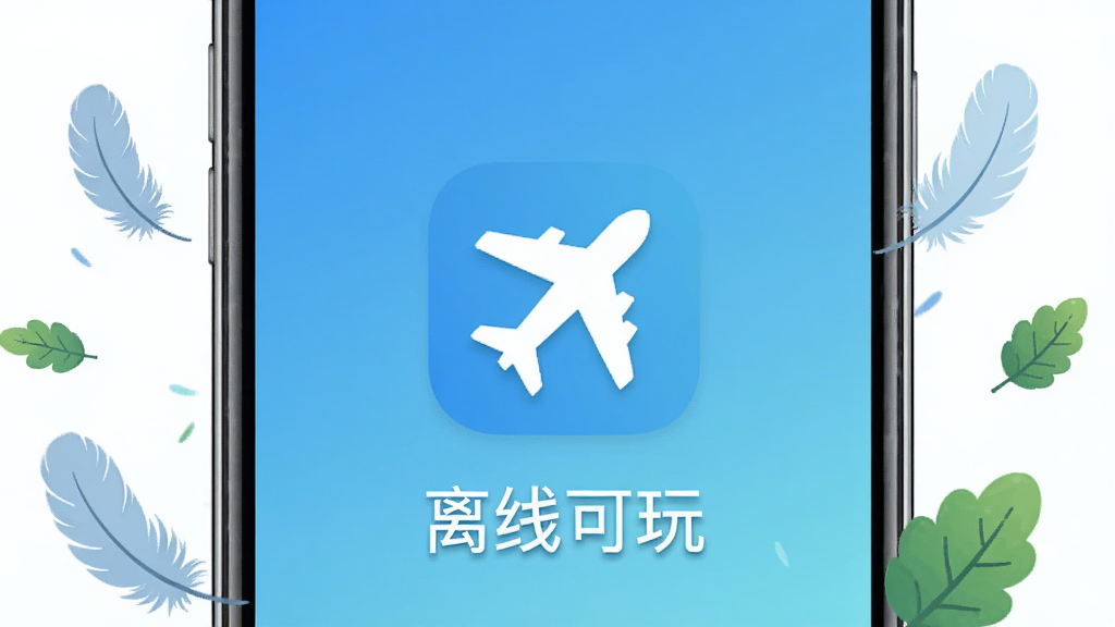 一部智能手机屏幕显示大海捞针模拟器兼容版的离线模式界面,画面中有一个飞机图标和“离线可玩”文字标识,背景是简洁的蓝色渐变,手机周围有一些代表轻量化的羽毛和树叶装饰,风格简约清新,布局居中,排版干净,画质清晰
