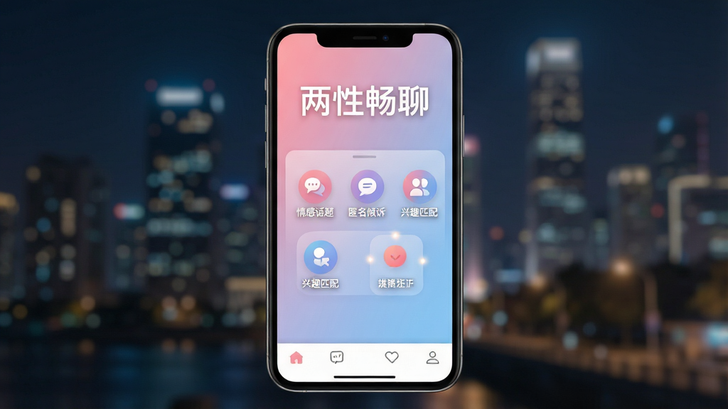 一张展示手机屏幕的图片,屏幕中央显示“两性畅聊”应用的主界面,界面设计采用柔和的粉蓝渐变色调,顶部有醒目的应用名称“两性畅聊”,中间区域排列着几个功能入口图标,如“情感话题”、“匿名倾诉”、“兴趣匹配”,底部有导航栏,背景为简约的城市夜景虚化效果,风格现代温馨,细节清晰,画质高,干净无多余元素