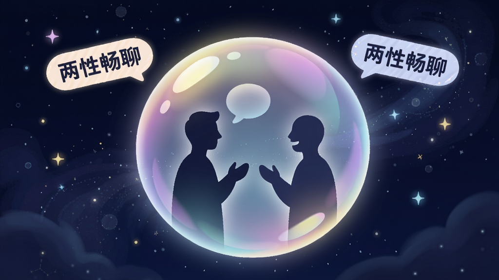 一张插画风格的图片,画面中央是一个发光的半透明气泡,气泡内有两个抽象的人形剪影正在对话,气泡周围漂浮着“两性畅聊”的文字标签,背景是深邃的星空,风格梦幻且具有安全感,细节丰富,画质清晰,干净无多余元素