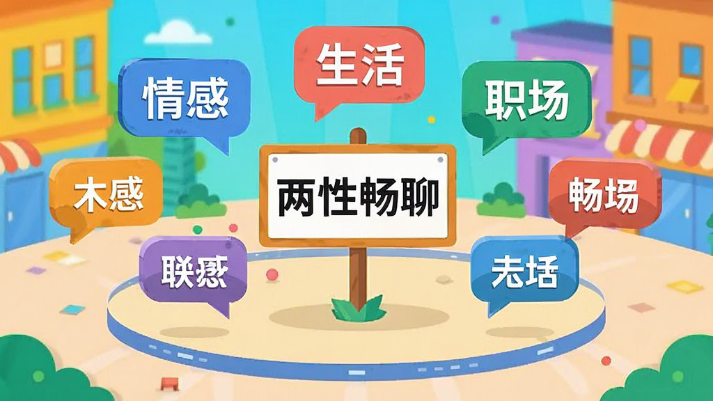 一张扁平化设计风格的图片,画面是一个虚拟的圆形广场,广场中央立着一块写有“两性畅聊”的告示牌,周围环绕着多个对话气泡,气泡内写着“情感”、“生活”、“职场”等关键词,背景色彩明快,风格活泼,细节生动,画质干净,无多余元素
