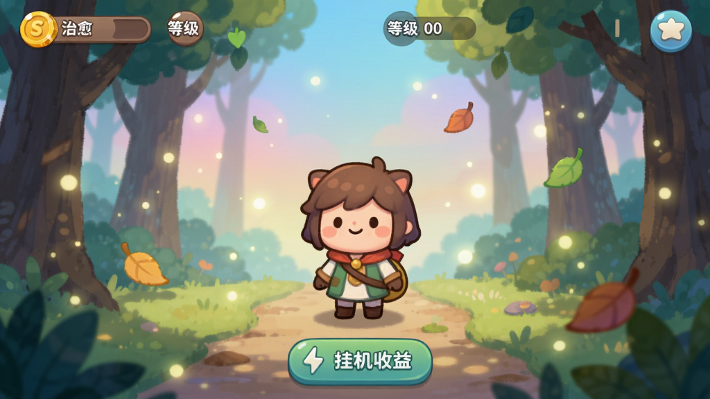 一款名为“治愈挂机冒险游戏”的手机游戏主界面预览图,画面中央是可爱的冒险角色站在森林小路上,周围有柔和的光点和漂浮的叶子,布局为竖屏手机比例,上方显示金币与等级,下方有挂机收益按钮,风格为清新治愈系卡通手绘,细节包括柔和渐变天空、圆润UI图标、角色微笑表情,画质清晰干净,无多余元素