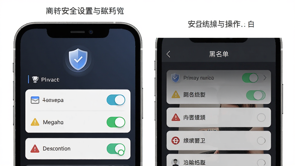 美约应用在手机上的安全设置界面与操作提示,主体为手机屏幕显示隐私选项与黑名单列表,布局分块排列,排版整洁,风格稳重,细节包括盾牌图标、开关控件、警告标识,画质清晰,干净,无多余元素
