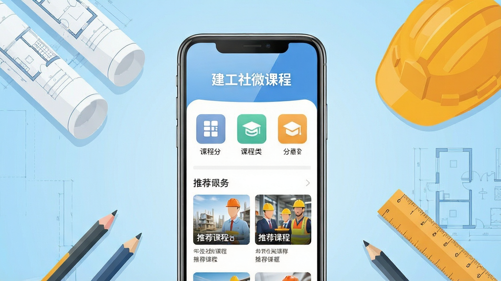 画面中央放置一部智能手机,手机屏幕显示“建工社微课程”APP首页界面,界面上有课程分类图标和推荐课程封面,手机周围环绕建筑图纸卷轴、安全帽、铅笔、直尺等建筑工程元素,背景为浅蓝色渐变,整体布局居中对称,风格简洁现代扁平化,细节上手机屏幕有轻微高光反射,画质清晰干净,无多余元素