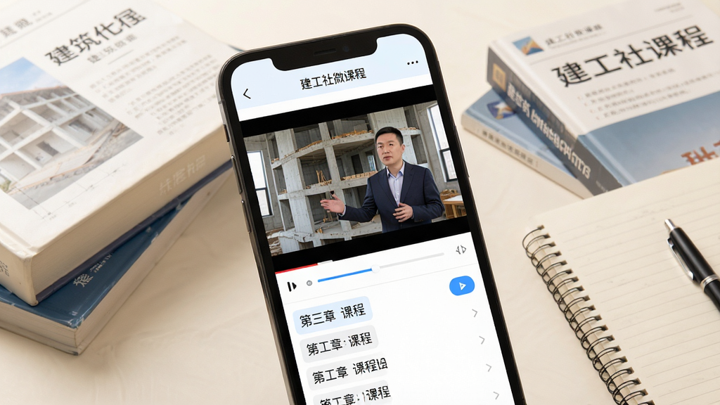手机屏幕中显示“建工社微课程”APP的视频播放页面,画面中有讲师正在讲解建筑结构知识,屏幕下方有课程进度条和章节列表,手机旁边散落着几本建筑工程类教材和笔记本,背景为暖白色,风格写实柔和,细节上视频画面清晰、界面按钮布局合理,画质高清干净,无多余元素