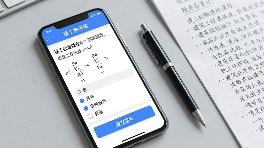 画面展示“建工社微课程”APP的题库练习界面,手机屏幕上显示一道建筑工程选择题及四个选项,下方有“提交答案”按钮,手机旁边放着一支笔和一张写满笔记的纸,背景为浅灰色桌面,风格清新简约,细节上题目文字清晰可辨,画质干净锐利,无多余元素