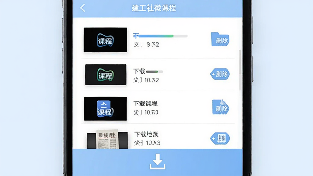 手机屏幕显示“建工社微课程”APP的下载管理页面,列表中展示多个已下载完成的课程视频和讲义文件,每个条目旁边有文件大小和删除按钮,手机下方有一个向下箭头的下载图标,背景为淡蓝色,风格科技感扁平化,细节上进度条和文件图标清晰,画质干净整洁,无多余元素