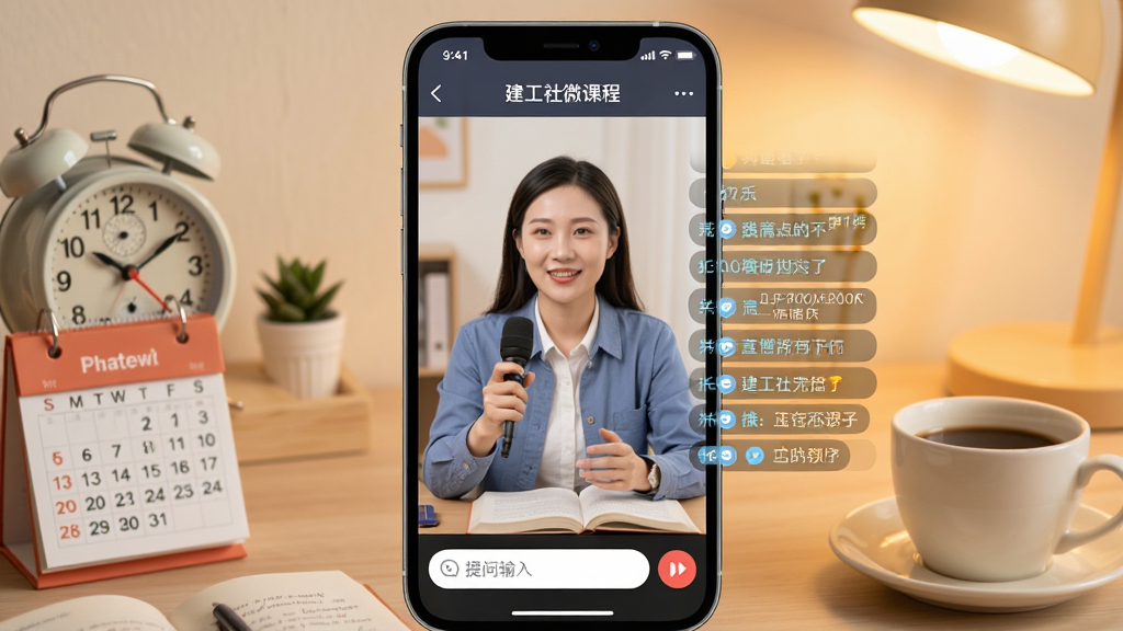 画面描绘“建工社微课程”APP的直播课堂界面,手机屏幕中显示讲师正在直播授课,屏幕右侧有弹幕互动区域,底部有提问输入框,手机周围有闹钟、日历、咖啡杯等学习场景元素,背景为柔和的暖色调,风格温馨写实,细节上直播画面和互动按钮清晰可见,画质高清干净,无多余元素