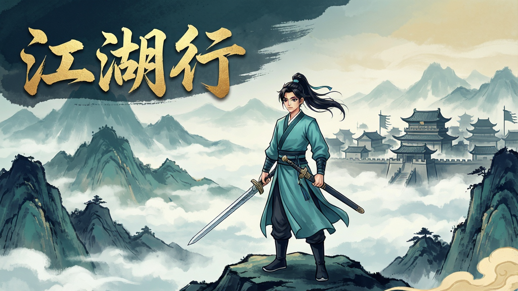 一幅竖版手机游戏宣传图,画面中央是一位身着青衫、手持长剑的年轻侠客站在山巅,身后是层峦叠嶂的远山与飘渺的云海,远处有一座古色古香的城镇轮廓。画面左上角用金色毛笔字体写着“江湖行”三个大字,字体苍劲有力。整体风格为中国水墨武侠风,色彩以青绿、黛蓝、淡金为主,细节丰富,画质清晰,画面干净,无多余元素。