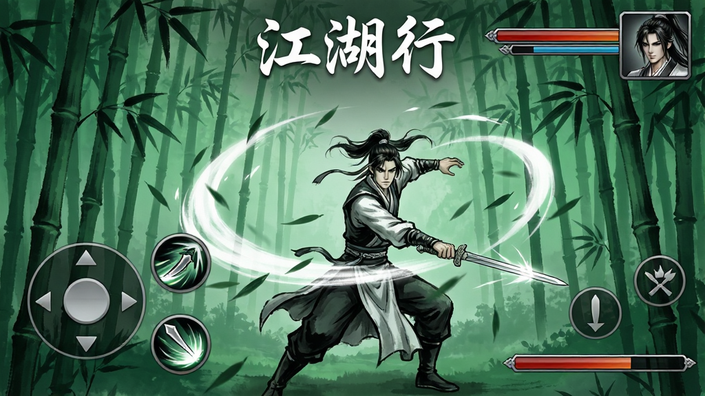 一幅横版游戏界面截图风格图,画面展示一位侠客正在竹林中使用剑法招式,剑光闪烁,竹叶纷飞。画面左侧是虚拟摇杆和技能按钮区域,右侧显示角色头像与血条。画面中央上方用白色字体标注“江湖行”游戏名称。整体风格为水墨武侠风,色彩以翠绿、墨黑、银白为主,细节精致,画质高清,画面干净,无多余元素。
