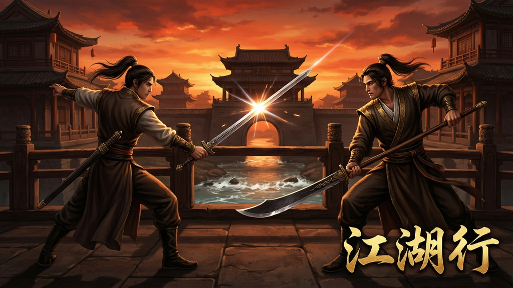 一幅游戏战斗场景图,画面展示两位侠客在古桥上对峙,左侧侠客手持长剑,右侧侠客手持长刀,两人之间剑气纵横,桥下流水潺潺。画面背景为黄昏时分的古城楼阁,天空呈现橙红色晚霞。画面右下角用金色字体标注“江湖行”游戏名称。整体风格为武侠写实风,色彩以暖橙、深褐、暗金为主,细节丰富,画质清晰,画面干净,无多余元素。