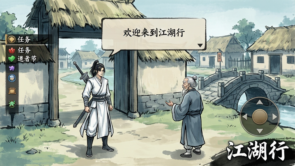 一幅游戏新手引导界面图,画面展示一位白衣侠客站在村庄入口,面前有一位老者正在对话,对话框显示“欢迎来到江湖行”。画面左侧有任务追踪栏,右侧有虚拟摇杆。背景为古代村庄,有茅草屋和石桥。画面右下角用白色字体标注“江湖行”游戏名称。整体风格为水墨国风,色彩以青灰、淡绿、米白为主,细节清晰,画质干净,无多余元素。