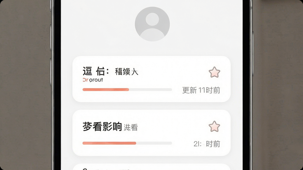 一张手机应用个人中心界面的图片,画面展示逗号软件的观看记录与收藏列表,顶部有用户头像占位,下方是纵向排列的影视卡片,每张卡片显示片名、观看进度条和更新时间,整体采用卡片式布局,风格柔和圆角,细节上突出进度条与收藏图标,画质清晰,干净,无多余元素