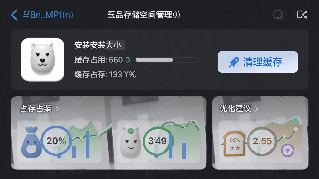 一张手机存储空间管理界面的示意图,画面中显示逗号应用的安装包大小和缓存占用数据,旁边有清理缓存按钮,整体以数据可视化图表呈现,风格为简约商务,细节上突出存储占用比例与优化建议,画质清晰,干净,无多余元素