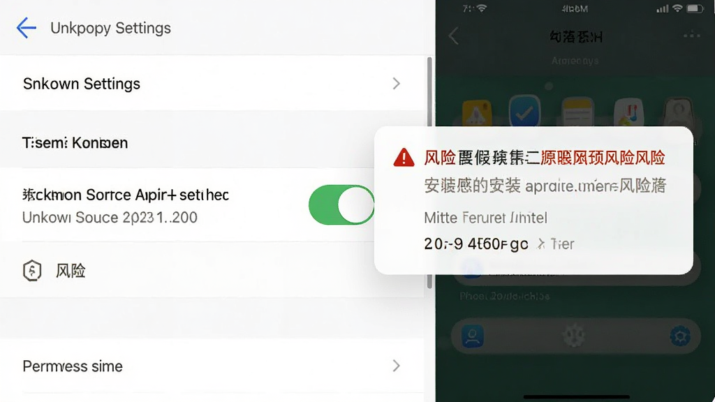 一张手机安全设置界面的示意图,画面中展示未知来源应用安装权限的开关按钮,旁边有风险提示弹窗,整体风格为系统设置界面,细节上突出开关状态与提示文字,画质清晰,干净,无多余元素