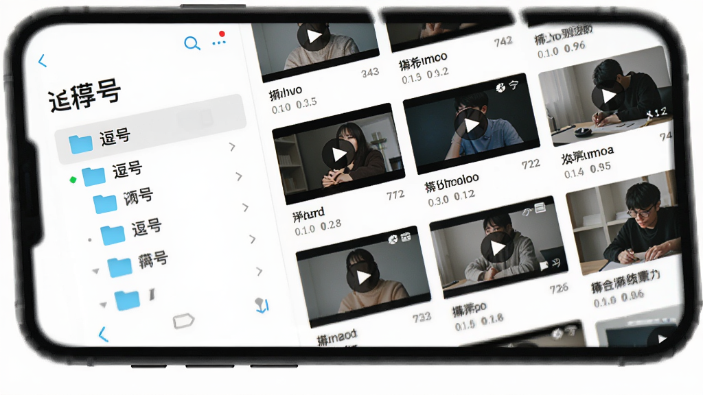 画面主体是手机屏幕显示“逗号”应用的文件分类界面,左侧是文件夹列表,右侧是视频缩略图网格,界面配色清爽,布局为左右分栏,风格为现代扁平化,细节上每个视频缩略图下方有文件名和时长,画质高清,干净,无多余元素