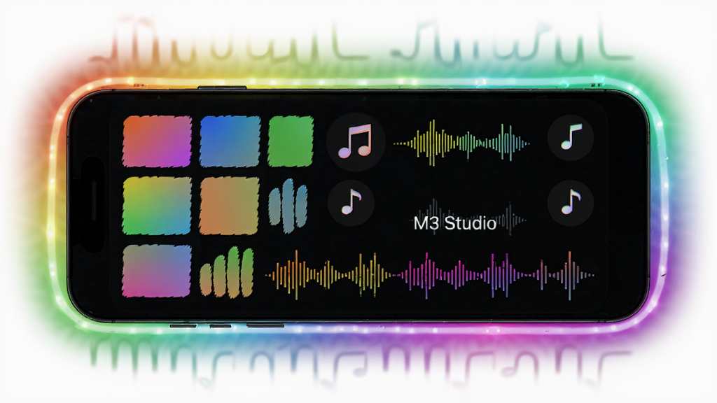 手机屏幕显示M3 Studio灯效选择界面,周围灯带呈现彩虹渐变和音乐律动效果,布局为上下分层,风格为炫彩霓虹风,细节包括色块、波形图、音符图标,画质高清,画面干净,无多余元素