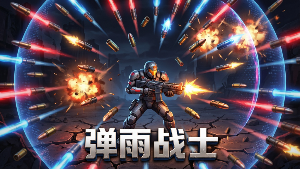 主体为一名身穿装甲的战士在密集的红色与蓝色弹幕中穿梭射击,布局采用中心对称构图,战士位于画面正中偏下,四周环绕圆形扩散的子弹轨迹与爆炸火光,排版为横版游戏宣传图风格,风格为科幻废土与霓虹光效结合,细节包含枪口火焰、地面裂纹、飞散的弹壳与能量护盾纹理,画面中下方有