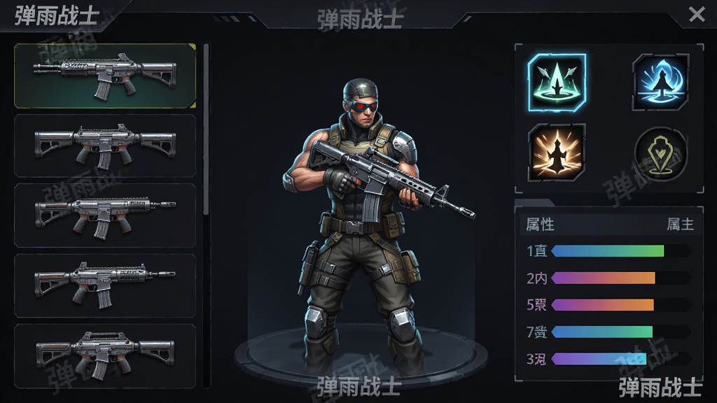 主体为弹雨战士游戏中的武器库界面,布局为左侧武器列表、中间角色持枪展示、右侧技能图标与属性面板,排版为竖版手机屏幕截图风格,风格为暗色科技感UI,细节包含枪械金属反光、技能图标发光、数值条渐变填充、界面边缘有