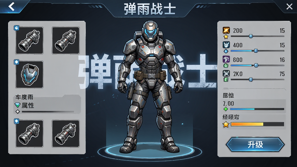 主体为弹雨战士角色成长界面,布局为中央角色全身立绘、四周环绕装备槽位与属性数值面板,排版为游戏内角色详情页风格,风格为硬核科幻机甲风,细节包含装甲纹理、装备图标、经验条与升级按钮、背景有