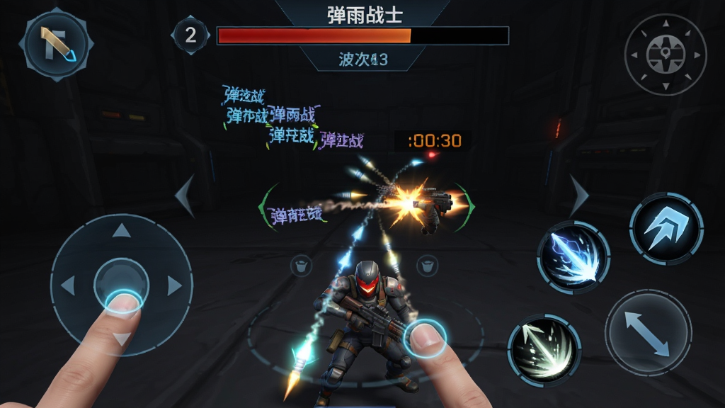 主体为弹雨战士手机端操作界面,布局为竖屏显示左侧摇杆与右侧技能按钮、上方血条与波次提示,排版为游戏实机截图风格,风格为科幻暗色UI,细节包含手指触控高亮、弹幕轨迹、击杀计数与