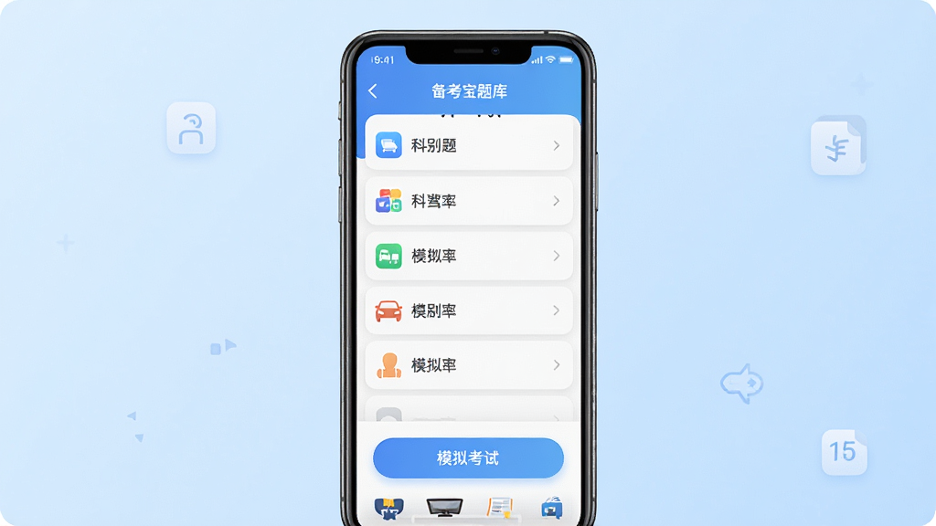 科目一备考宝典软件主界面展示,手机屏幕居中放置,屏幕内显示驾考题库分类列表和模拟考试入口按钮,背景为浅蓝色渐变,布局简洁清晰,风格现代扁平化,细节包含图标和文字标签,画质高清,干净无多余元素