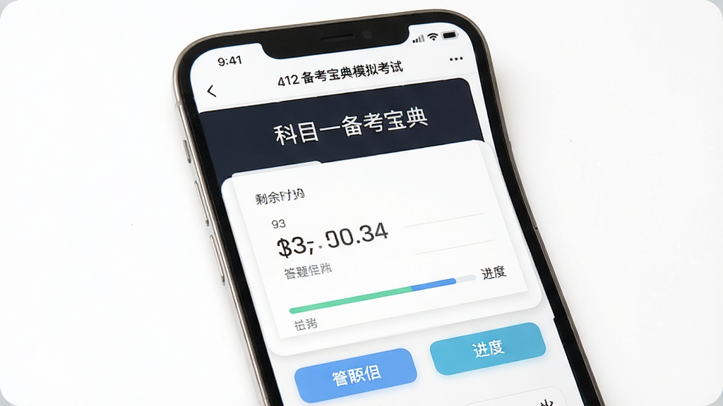 科目一备考宝典模拟考试界面,手机屏幕显示考试倒计时和答题卡,屏幕上方有剩余时间提示,下方有选项按钮,背景为白色,布局为上下结构,风格清爽简约,细节包含题号和进度条,画质高清,干净无多余元素