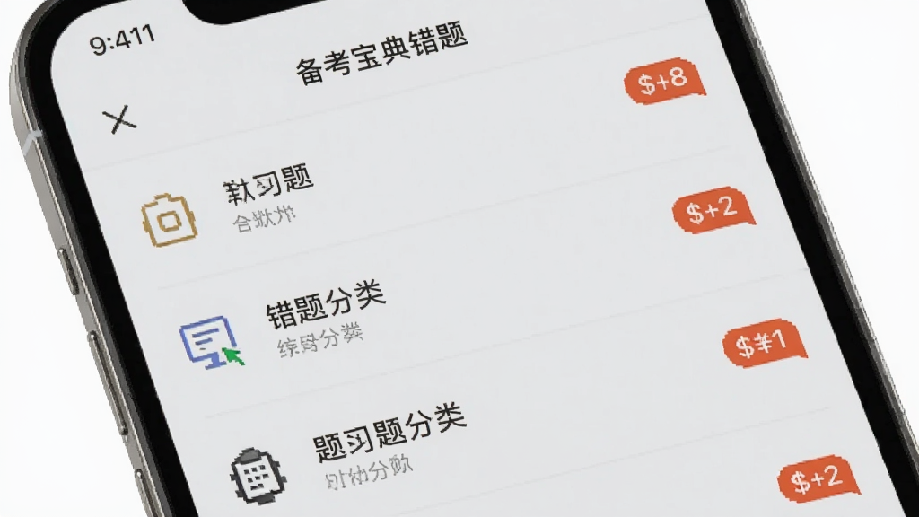 科目一备考宝典错题本界面,手机屏幕显示错题分类列表和题目数量角标,背景为浅灰色,布局为列表式排版,风格素雅极简,细节包含分类图标和数字标签,画质高清,干净无多余元素