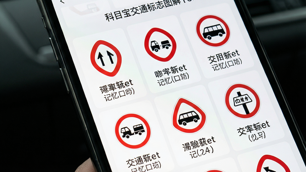科目一备考宝典交通标志图解页面,手机屏幕显示多个交通标志图标和对应的文字说明,背景为白色,布局为网格状排列,风格清新浅色,细节包含标志图形和记忆口诀文字,画质高清,干净无多余元素
