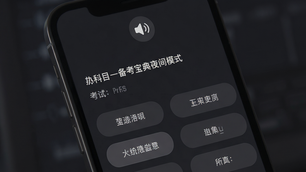 科目一备考宝典夜间模式界面,手机屏幕显示深色背景下的考试题目和选项,屏幕上方有语音播报图标,背景为深灰色,布局为上下结构,风格柔和暗色,细节包含题目文字和选项按钮,画质高清,干净无多余元素