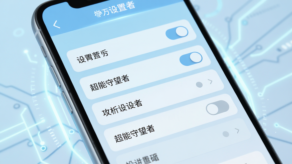 超能守望者功能设置界面截图风格图,画面展示一部手机屏幕特写,屏幕中显示软件的设置菜单列表,包含开关按钮和选项条目,文字清晰可辨,背景为淡蓝色渐变,手机周围有轻微的科技感光效,风格清新浅色,画质细腻,无多余装饰