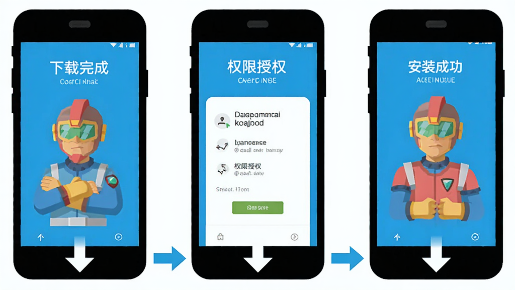 超能守望者安装步骤示意图,画面分为三个并列的手机屏幕,分别展示下载完成、权限授权、安装成功三个界面,每个屏幕下方配有简洁的箭头指示,背景为纯白,风格扁平化,色彩明快,画质清晰,无多余文字说明
