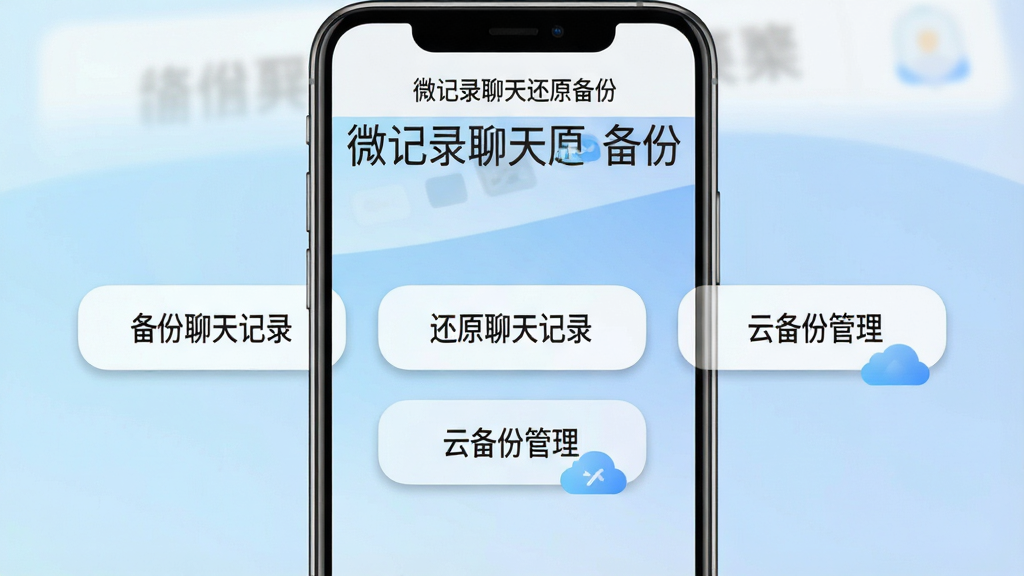 一张展示手机屏幕的图片,屏幕中央显示「微记录聊天还原备份」软件主界面,界面布局为顶部标题栏和三个大按钮分别为「备份聊天记录」「还原聊天记录」「云备份管理」,背景为浅蓝色渐变,风格简洁现代,细节包括按钮带有轻微阴影和圆角,画质清晰,干净,无多余元素