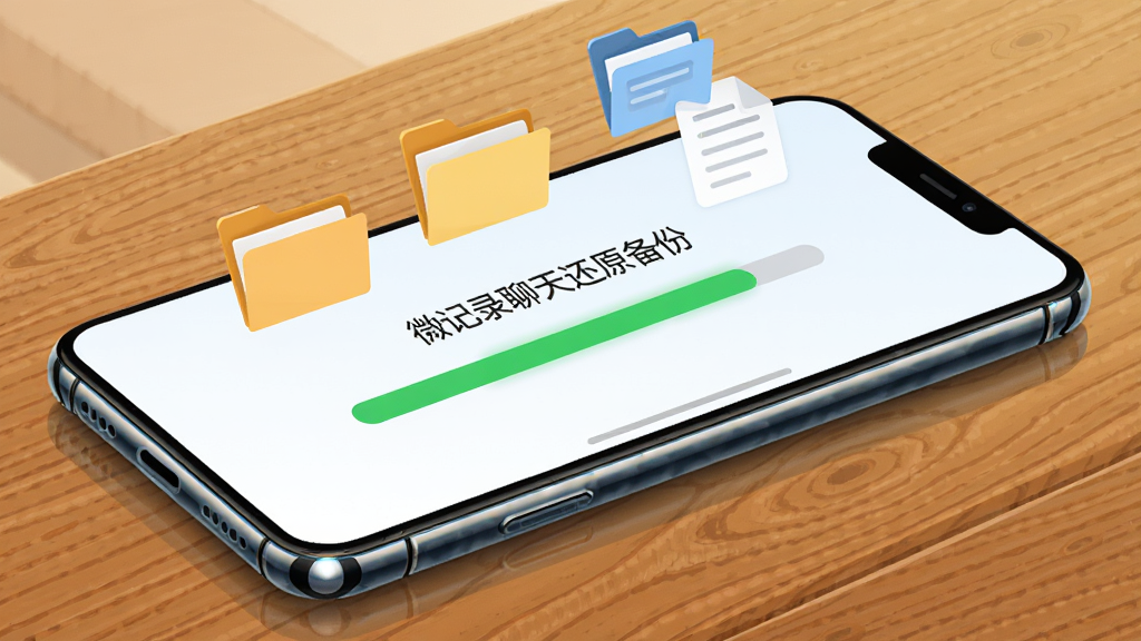 一部智能手机放在木质桌面上,屏幕显示「微记录聊天还原备份」的备份进度条,进度条为绿色,背景有文件夹和文档图标漂浮,风格扁平化插画,细节包括手机边缘的反光和桌面纹理,画质清晰,干净,无多余元素