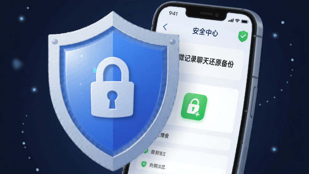 一个盾牌图标与手机屏幕结合,屏幕显示「微记录聊天还原备份」的安全中心页面,盾牌上有锁形图案,背景为深蓝色,风格安全防护主题插画,细节包括盾牌的高光和手机界面的加密状态标识,画质清晰,干净,无多余元素