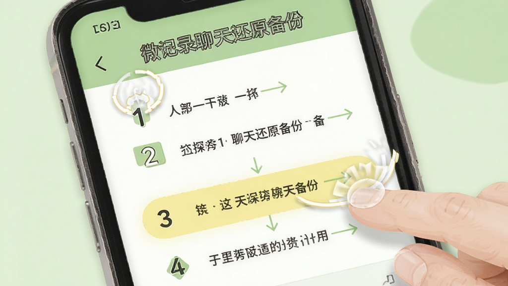 一部手机屏幕显示「微记录聊天还原备份」的教程页面,页面中有步骤编号和箭头指引,背景为浅绿色,风格教育类插画,细节包括手指点击屏幕的动画效果和步骤高亮,画质清晰,干净,无多余元素